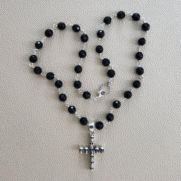 CROSS STERLING SILVER NECKLACE HANDMADE BEADED - Picture 1 of 3